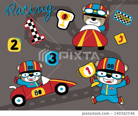 Vector set of funny bear cartoon in car racer costume, car racing elements Vector set of funny bear cartoon in car racer costume, car racing elements 140382546