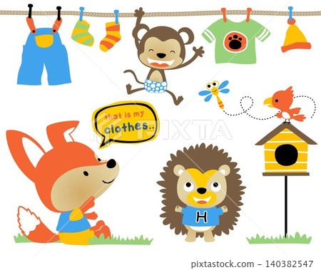 Vector set of funny woods animals cartoon drying clothes Vector set of funny woods animals cartoon drying clothes 140382547