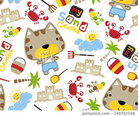 Seamless pattern vector of beach summer holiday elements cartoon with cute kitten 140382549