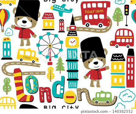 Seamless pattern vector of London city elements cartoon with funny bear in royal guard costume 140382552