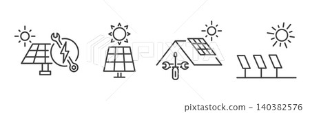 Set of Solar Panel icons. Clean energy technology. Solar electricity line art. Set of Solar Panel icons. Clean energy technology. Solar electricity line art. 140382576