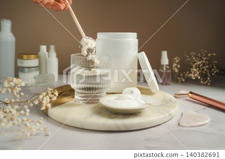 Collagen supplement preparation with beauty skincare and healthy aging concept Collagen supplement preparation with beauty skincare and healthy aging concept 140382691