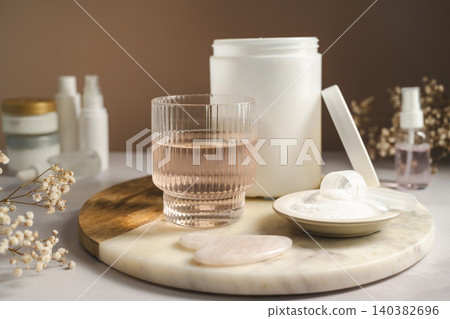 Collagen powder, beauty drink and skincare products for healthy aging and wellness routine Collagen powder, beauty drink and skincare products for healthy aging and wellness routine 140382696
