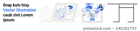 Business analysis, e-commerce platforms, collaborative work, digital marketing, statistics, data visualization. Charts on a laptop screen and team collaboration illustration. Business analysis 140382743