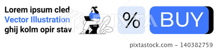 E-commerce, online stores, digital transactions, mobile shopping, discount campaigns, marketing visuals. Female character using laptop, a percent sign and a buy button. E-commerce and online stores E-commerce, online stores, digital transactions, mobile shopping, discount campaigns, marketing visuals. Female character using laptop, a percent sign and a buy button. E-commerce and online stores 140382759