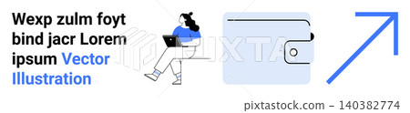 Financial growth, online payment, digital wallets, technology solutions, e-commerce, remote work. A woman with a laptop, wallet icon and upward arrow. Financial growth and online payment Financial growth, online payment, digital wallets, technology solutions, e-commerce, remote work. A woman with a laptop, wallet icon and upward arrow. Financial growth and online payment 140382774