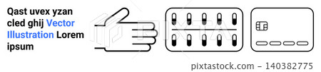 Healthcare, pharmacy, payment systems, medication distribution, digital finance, transactions. Hand gesture, pill blister pack and chip card are displayed. Healthcare and pharmacy Healthcare, pharmacy, payment systems, medication distribution, digital finance, transactions. Hand gesture, pill blister pack and chip card are displayed. Healthcare and pharmacy 140382775