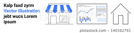 Small business, housing market, analytics, commerce trends, online services, data visualization. A storefront, a data dashboard and a house icon. Small business and housing market concept Small business, housing market, analytics, commerce trends, online services, data visualization. A storefront, a data dashboard and a house icon. Small business and housing market concept 140382791