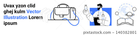 Healthcare, education, innovation, professional tools, medical research, global health. Doctor holding a bottle with stethoscope and bag. Healthcare and education concept 140382801