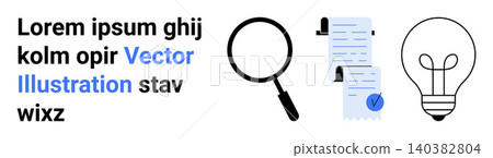 Document review, innovative ideas, business analysis, inspection, creative thinking, data verification. Magnifying glass, documents and light bulb icons. Document review and innovative ideas concept Document review, innovative ideas, business analysis, inspection, creative thinking, data verification. Magnifying glass, documents and light bulb icons. Document review and innovative ideas concept 140382804