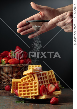 The chef sprinkles powdered sugar on the waffles topped with fresh strawberries. The chef sprinkles powdered sugar on the waffles topped with fresh strawberries. 140382814