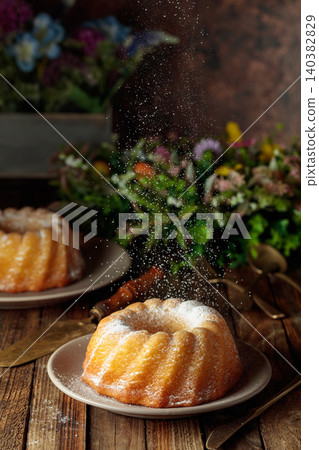 Easter cakes and spring flowers on an old wooden table. 140382829