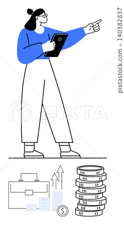 Business growth, finance management, investment strategy, economic planning, corporate success, market trends. A woman holding a tablet, pointing at coins and graphs. Business growth and finance 140382837