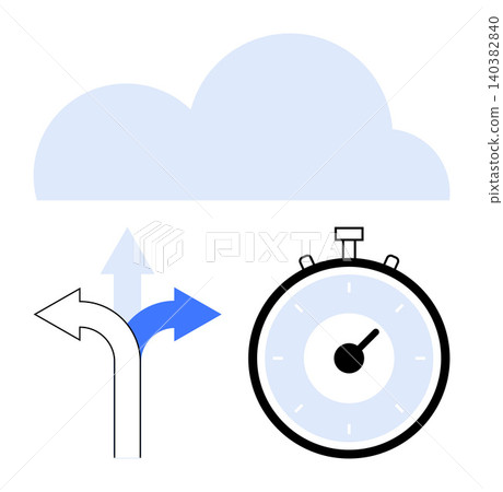 Cloud technology, productivity, workflow optimization, decision-making, time tracking, and digital tools. A stopwatch next to directional arrows and a cloud. Cloud technology and productivity concept Cloud technology, productivity, workflow optimization, decision-making, time tracking, and digital tools. A stopwatch next to directional arrows and a cloud. Cloud technology and productivity concept 140382840