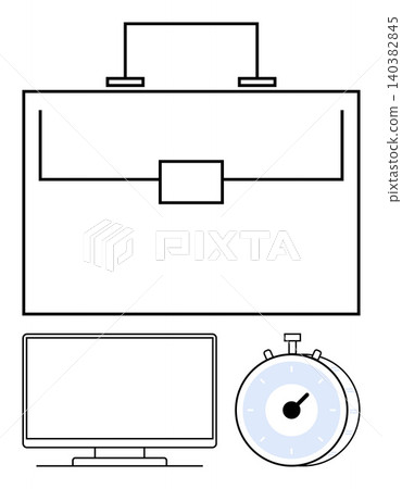 Time management, business organization, productivity, corporate tasks, remote work, office tools. Minimalist briefcase, stopwatch and monitor. Time management and business organization concepts Time management, business organization, productivity, corporate tasks, remote work, office tools. Minimalist briefcase, stopwatch and monitor. Time management and business organization concepts 140382845