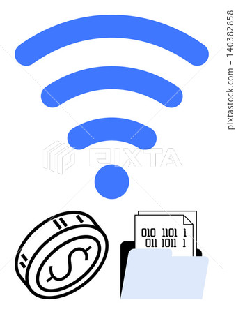 Digital payments, online transactions, data security, cryptocurrency, financial technology, wireless network. wireless symbol, dollar coin binary code folder. Digital payments wireless network Digital payments, online transactions, data security, cryptocurrency, financial technology, wireless network. wireless symbol, dollar coin binary code folder. Digital payments wireless network 140382858