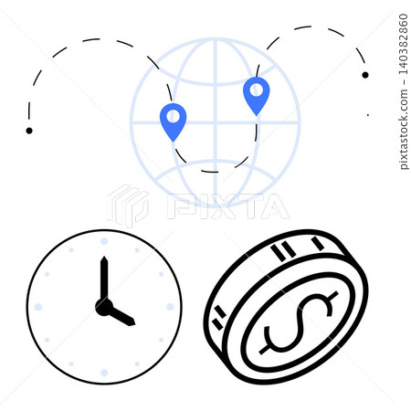 Global business, financial transactions, time management, international currency, economic strategy, location-based services. Clock, dollar coin globe with location pins. Financial transactions Global business, financial transactions, time management, international currency, economic strategy, location-based services. Clock, dollar coin globe with location pins. Financial transactions 140382860