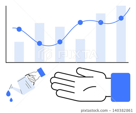 Hygiene, growth, economy, health, success, achievement. A hand being sanitized below a line graph of increasing points. Hygiene and growth interconnected for health and business success ideas Hygiene, growth, economy, health, success, achievement. A hand being sanitized below a line graph of increasing points. Hygiene and growth interconnected for health and business success ideas 140382861