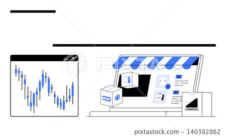 E-commerce, online sales, stock market trends, data analysis, technology, online shopping. Digital storefront with products and a financial chart. E-commerce and stock market concepts E-commerce, online sales, stock market trends, data analysis, technology, online shopping. Digital storefront with products and a financial chart. E-commerce and stock market concepts 140382862