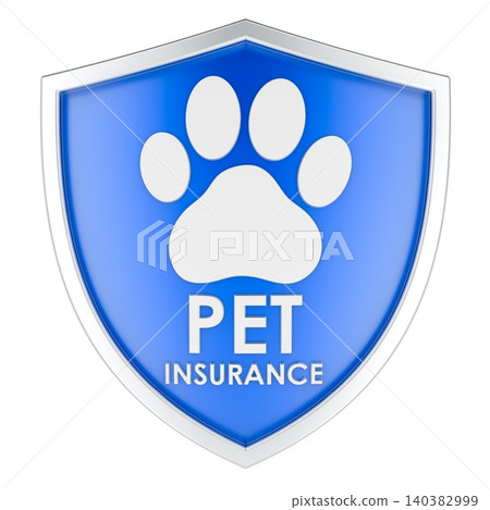 Pet insurance, blue shield with paw print. 3D rendering Pet insurance, blue shield with paw print. 3D rendering 140382999