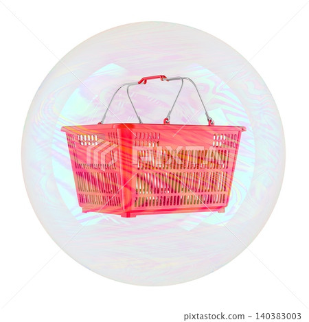 Shopping basket inside soap bubble. Consumer bubble and retail market risk, concept. 3d rendering Shopping basket inside soap bubble. Consumer bubble and retail market risk, concept. 3d rendering 140383003