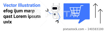 E-commerce, AI technology, retail automation, online shopping, digital communication, machine learning. A robot beside a shopping cart and upward arrows. E-commerce and AI technology concept 140383100