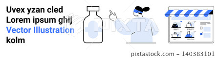 Healthcare, online shopping, medication access, e-commerce, telemedicine, digital services. A person points to a medicine bottle and an online store interface. Healthcare and e-commerce 140383101