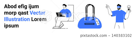 Business, creativity, shopping, modern lifestyle, teamwork, innovation. Professional with a laptop, bag icon and creative figure holding a bulb. Business and creativity concept 140383102
