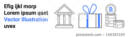 Finance, banking systems, digital currency, cryptocurrency, gifting, blockchain. A temple, gift box with ribbon and stacked Bitcoin coins. Finance and cryptocurrency graphical Finance, banking systems, digital currency, cryptocurrency, gifting, blockchain. A temple, gift box with ribbon and stacked Bitcoin coins. Finance and cryptocurrency graphical 140383105