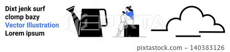 Education, gardening, technology, relaxation, creativity, outdoor activity. A woman reading, a watering can and a cloud shape in minimal black and white with blue accents. Education and gardening Education, gardening, technology, relaxation, creativity, outdoor activity. A woman reading, a watering can and a cloud shape in minimal black and white with blue accents. Education and gardening 140383126