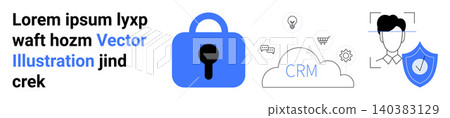 Cybersecurity, digital identity, data protection, cloud computing, customer management, secure access. Visual includes a lock icon, CRM cloud, face recognition and shield with checkmark Cybersecurity, digital identity, data protection, cloud computing, customer management, secure access. Visual includes a lock icon, CRM cloud, face recognition and shield with checkmark 140383129