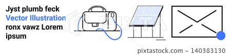 Renewable energy, digital communication, technology, sustainable design, solar power, innovation. Minimalistic icons including a solar panel, bag and email symbol. Renewable energy and digital Renewable energy, digital communication, technology, sustainable design, solar power, innovation. Minimalistic icons including a solar panel, bag and email symbol. Renewable energy and digital 140383130