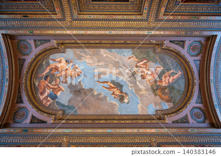 New york, usa august 22,2024. New york public library ceiling mural depicting classical figures and allegory, framed by ornate, gilded architectural details 140383146