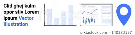Business intelligence, data tracking, financial trends, analytics tools, map localization, decision making. Bar chart with analytics graphs and blue map pin. Data tracking and business intelligence Business intelligence, data tracking, financial trends, analytics tools, map localization, decision making. Bar chart with analytics graphs and blue map pin. Data tracking and business intelligence 140383157