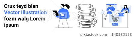 E-commerce, online payments, digital marketing, shopping, financial growth, web design. Person using a tablet, stack of coins screen with cart icon. E-commerce and online payments E-commerce, online payments, digital marketing, shopping, financial growth, web design. Person using a tablet, stack of coins screen with cart icon. E-commerce and online payments 140383158