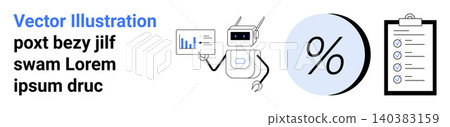Data analysis, technology, automation, productivity, performance tracking, financial metrics. Robot holding a graph, percentage symbol and checklist. Data analysis and technology concepts Data analysis, technology, automation, productivity, performance tracking, financial metrics. Robot holding a graph, percentage symbol and checklist. Data analysis and technology concepts 140383159