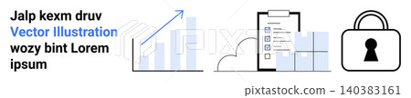 Business growth, task organization, cybersecurity, data management, analytics, productivity. Simple graph, checklist on clipboard and padlock. Business growth and task organization concepts 140383161