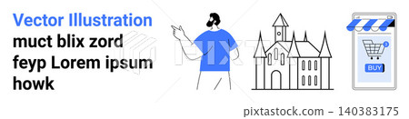 Online shopping, tourism, e-commerce, technology, historical architecture, urban exploration. A man gesturing, a castle-thumbs up structure and a smartphone with a digital storefront. E-commerce 140383175