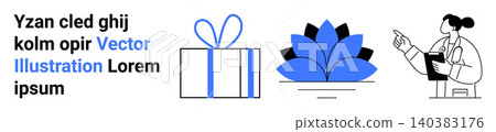 Wellness, professional services, gift-giving, decoration, self-care, education. Gift box, abstract flower female professional with clipboard. Wellness and professional services concept Wellness, professional services, gift-giving, decoration, self-care, education. Gift box, abstract flower female professional with clipboard. Wellness and professional services concept 140383176