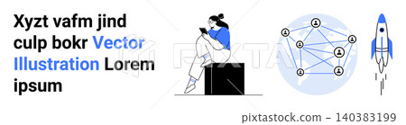 Technology, networking, communication, innovation, science, startups. Woman reading on a device, network icons and a rocket. Networking and technology clearly Technology, networking, communication, innovation, science, startups. Woman reading on a device, network icons and a rocket. Networking and technology clearly 140383199
