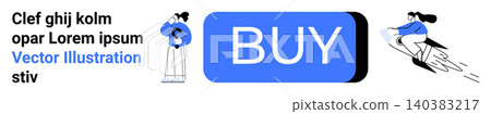 Online shopping, digital purchasing, user interaction, web design, e-commerce platforms, checkout process. Blue buy button with people interacting. Online shopping and digital purchasing concepts Online shopping, digital purchasing, user interaction, web design, e-commerce platforms, checkout process. Blue buy button with people interacting. Online shopping and digital purchasing concepts 140383217