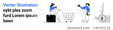 E-commerce, online shopping, digital currencies, blockchain, mobile payment, financial technology. Woman with shopping cart, cryptocurrency mining symbol. E-commerce and digital currencies theme E-commerce, online shopping, digital currencies, blockchain, mobile payment, financial technology. Woman with shopping cart, cryptocurrency mining symbol. E-commerce and digital currencies theme 140383218