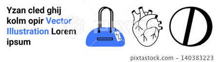 Fashion, anatomy, prohibition, modern visuals, medical concepts, minimalism. Blue handbag, anatomical heart sketch and prohibition icon. Fashion and anatomy illustrated for conceptual use Fashion, anatomy, prohibition, modern visuals, medical concepts, minimalism. Blue handbag, anatomical heart sketch and prohibition icon. Fashion and anatomy illustrated for conceptual use 140383223