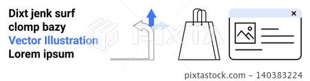 Online shopping, digital navigation, web design, e-commerce tools, creative media, user interface. Arrow sign direction, shopping bag and web content display icons. Online shopping and digital 140383224