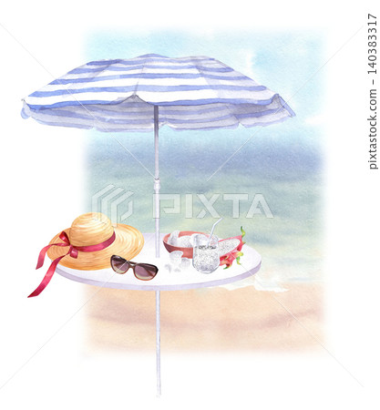Composition of the beach umbrella, table, sunglasses, straw hat, pitahaya, glass and bowl. For packaging design, cards, cover, prints, product labels and fabric Composition of the beach umbrella, table, sunglasses, straw hat, pitahaya, glass and bowl. For packaging design, cards, cover, prints, product labels and fabric 140383317