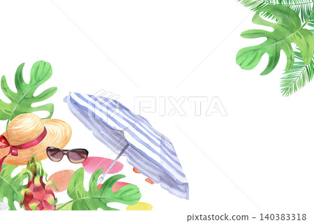 Corner frame of the umbrella, monstera, palm leaf, straw hat, sunglasses, pitahaya and watercolor spots. Watercolor illustration for design, cards, cover, prints, product labels and fabric Corner frame of the umbrella, monstera, palm leaf, straw hat, sunglasses, pitahaya and watercolor spots. Watercolor illustration for design, cards, cover, prints, product labels and fabric 140383318
