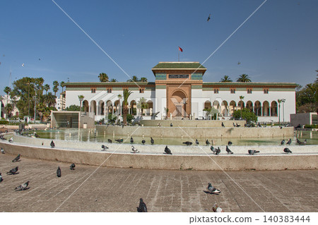 Monumental fountain with active water jets in front of the historic Palace of Justice in Casablanca, Morocco Monumental fountain with active water jets in front of the historic Palace of Justice in Casablanca, Morocco 140383444