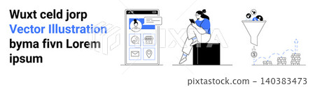 Digital marketing, data processing, mobile technology, user interface design, e-commerce, online communication. Person browsing a profile, data funnel and money conversion. Digital marketing and data Digital marketing, data processing, mobile technology, user interface design, e-commerce, online communication. Person browsing a profile, data funnel and money conversion. Digital marketing and data 140383473