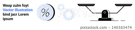 Finance, calculations, balance, decision-making, technology, financial analysis. Percentage symbol, mechanical balance scale gear elements. Finance and calculations-focused conceptual illustration Finance, calculations, balance, decision-making, technology, financial analysis. Percentage symbol, mechanical balance scale gear elements. Finance and calculations-focused conceptual illustration 140383474