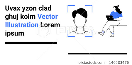 Biometrics, remote work, facial recognition, identification, technology, digital security. A person using a laptop and a facial recognition frame. Biometrics and remote work technology concept Biometrics, remote work, facial recognition, identification, technology, digital security. A person using a laptop and a facial recognition frame. Biometrics and remote work technology concept 140383476